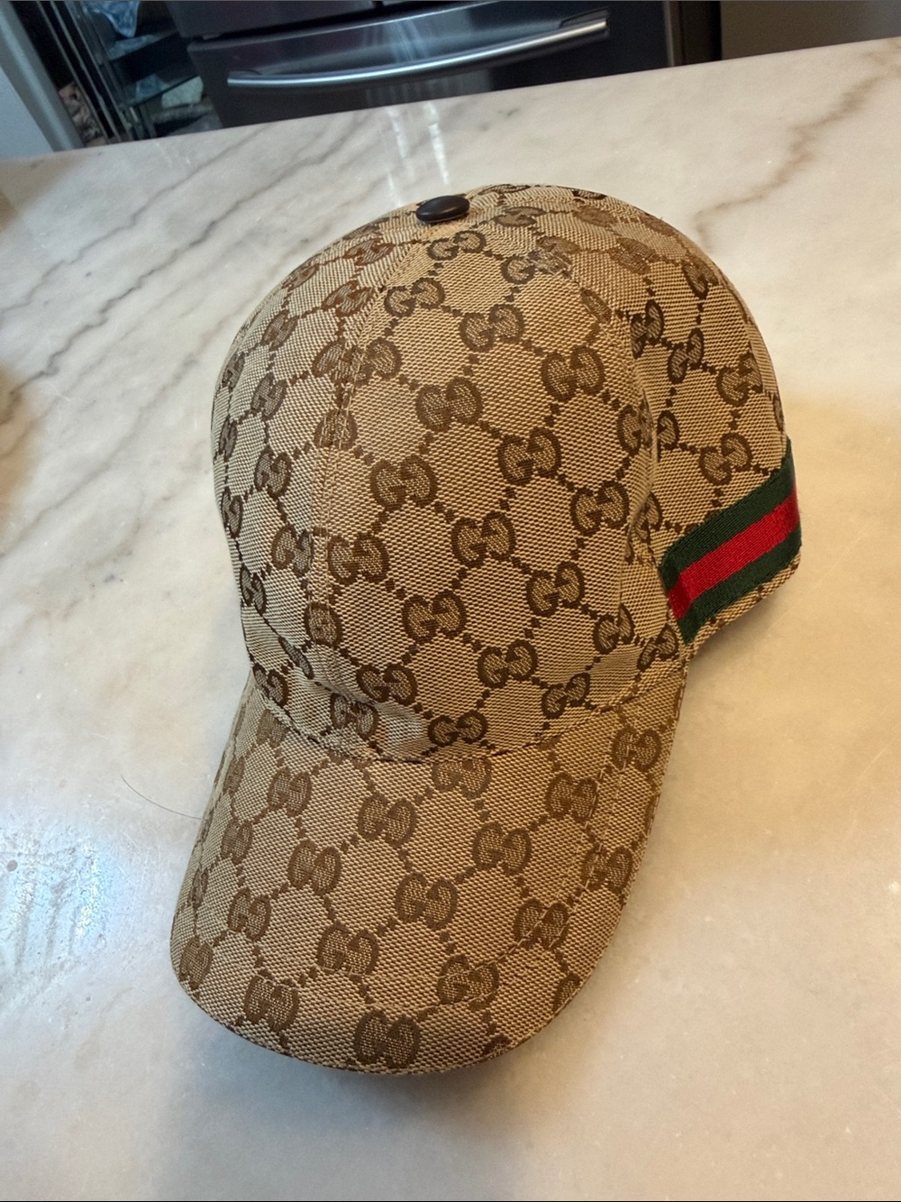 Gucci Brown Beige GG Canvas Baseball Cap with Green-Red Stripe